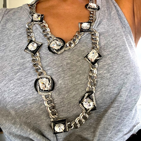 Vtg Oscar De La Renta Signed silver black rhinestone double necklace - Picture 3 of 12